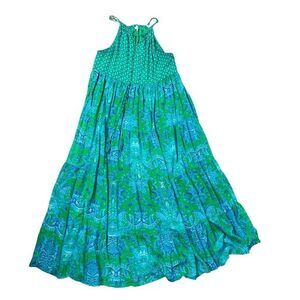 Mirror Image Maxi Dress Large Green Blue Tropical Floral Tiered Ruffle Halter